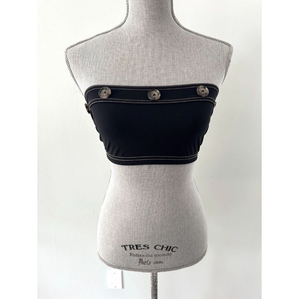 Karla Colletto Black Bandeau Bikini Top Size 10 Tube Top Button Contrast Stitch